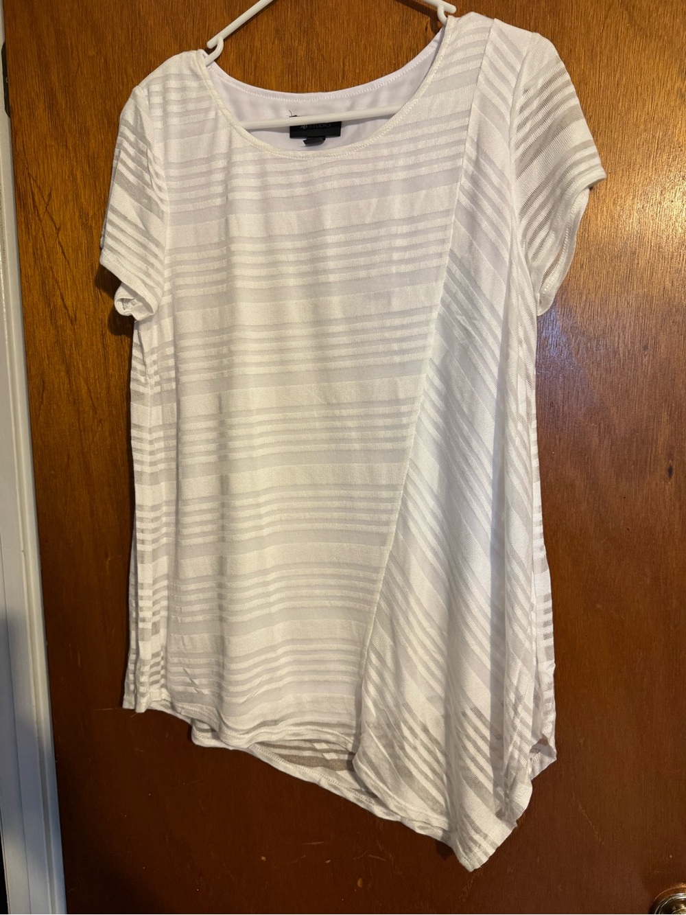 AB Studio White Short-Sleeve Striped Overlay Top